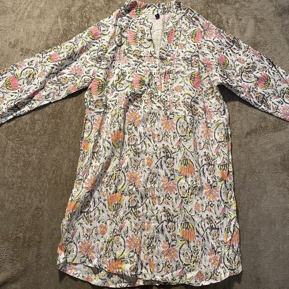 ZARA Tunic Dress Womens Medium Pink Floral Paisley V Neck Tie Waist Cottagecore - Picture 1 of 6